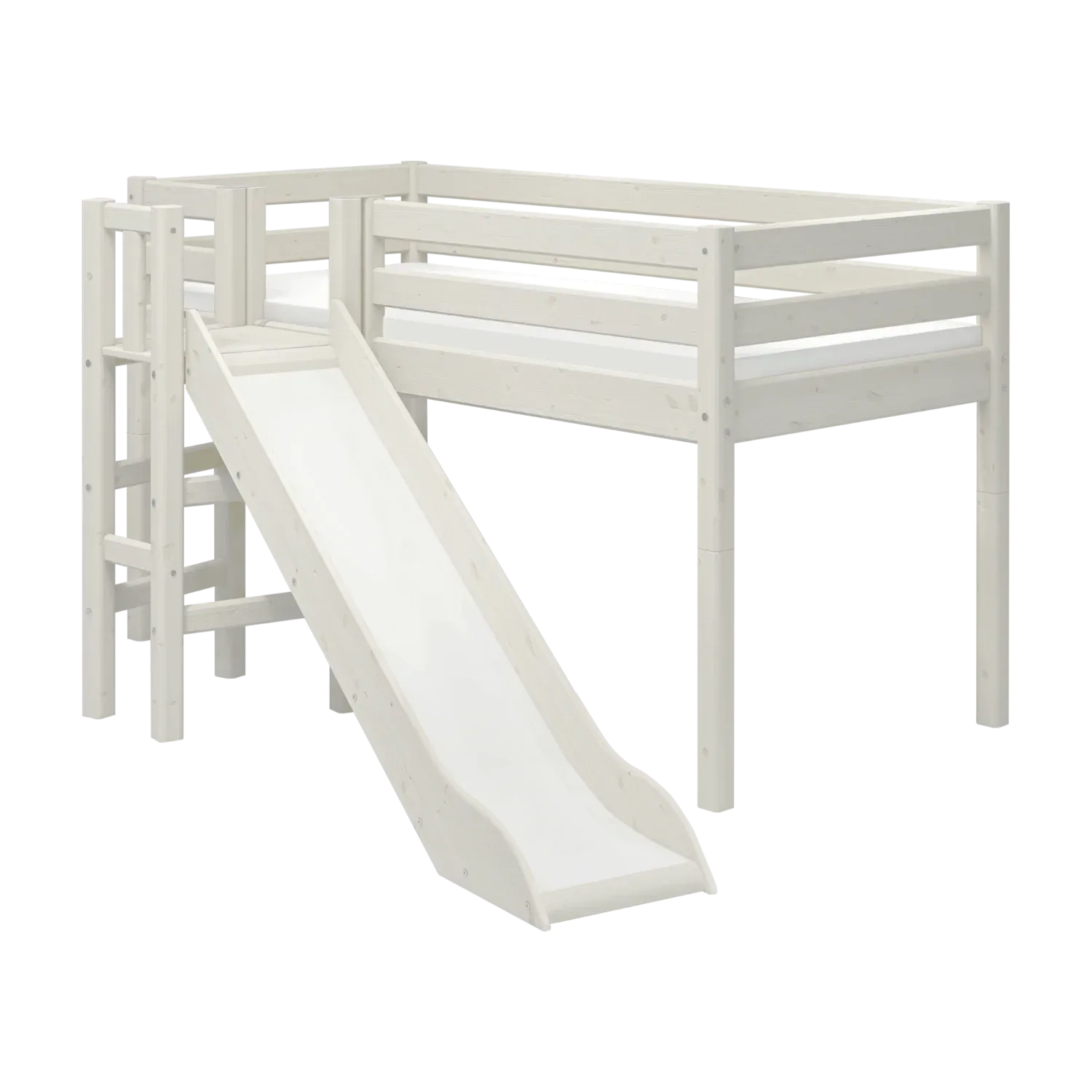 High Bed 120 cm with Slide and Safety Rail, 90x200 cm, White