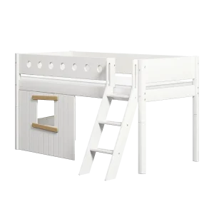 High Bed 120 cm with Treehouse, Slanting Ladder and Safety Rail, 90x200 cm, WHITE, Oak Frame