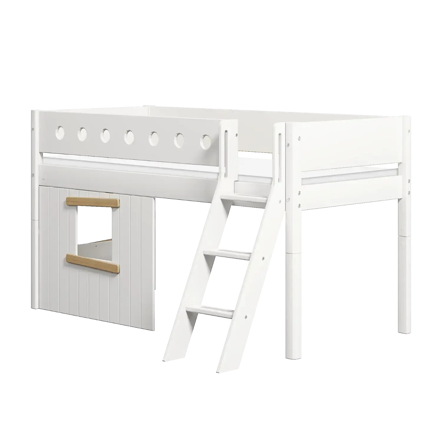 High Bed 120 cm with Treehouse, Slanting Ladder and Safety Rail, 90x200 cm, WHITE, Oak Frame