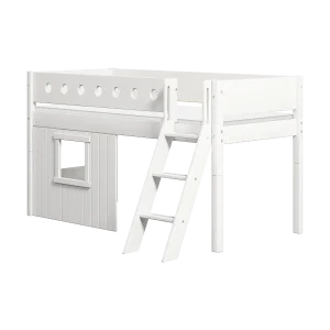 High Bed 120 cm with Treehouse, Slanting Ladder and Safety Rail, 90x200 cm, WHITE, White Frame