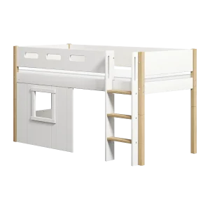 High Bed 120 cm with Treehouse, Straight Ladder and Safety Rail, 90x200 cm, NOR White/Oak, White Frame