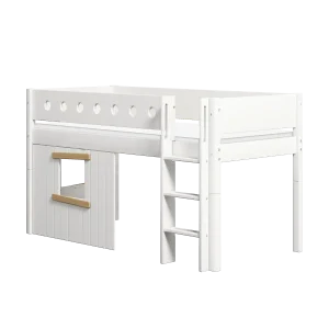 High Bed 120 cm with Treehouse, Straight Ladder and Safety Rail, 90x200 cm, WHITE, Oak Frame