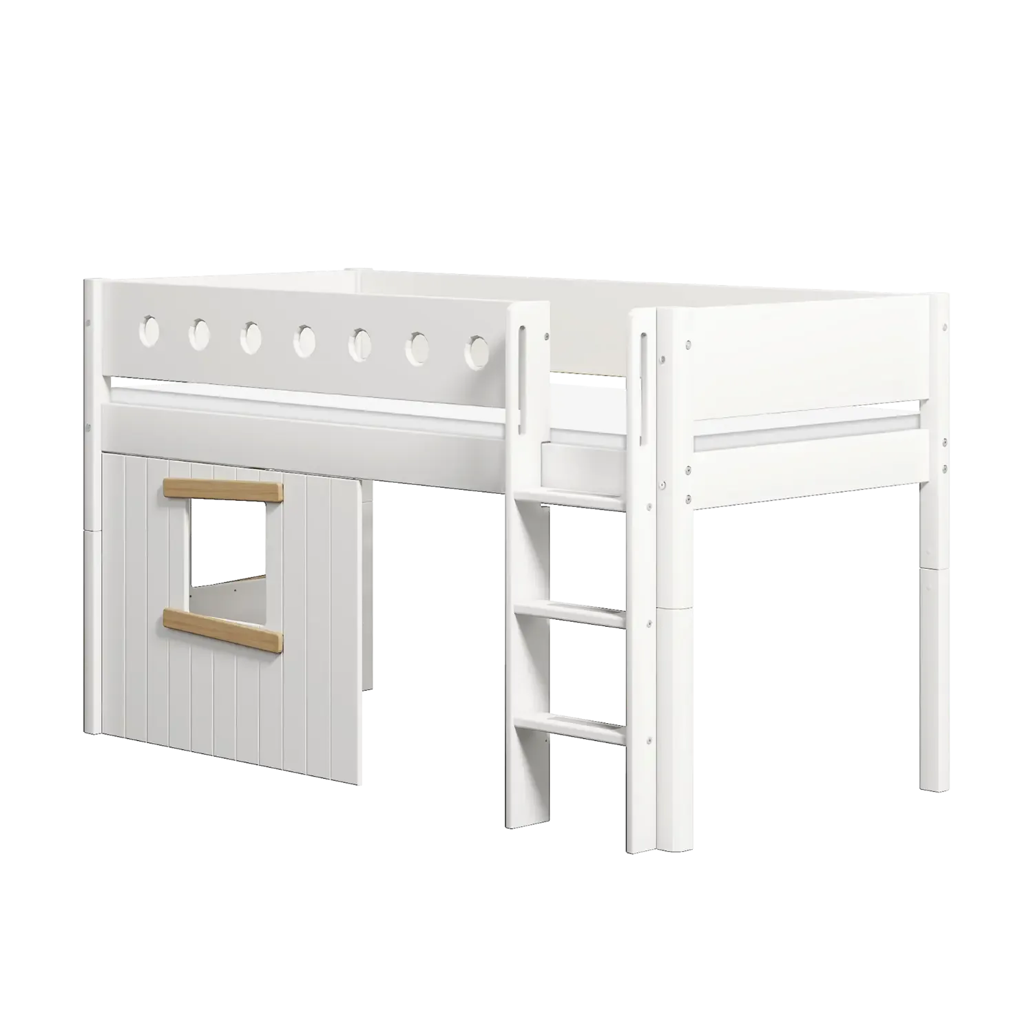 High Bed 120 cm with Treehouse, Straight Ladder and Safety Rail, 90x200 cm, WHITE, Oak Frame