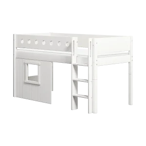 High Bed 120 cm with Treehouse, Straight Ladder and Safety Rail, 90x200 cm, WHITE, White Frame