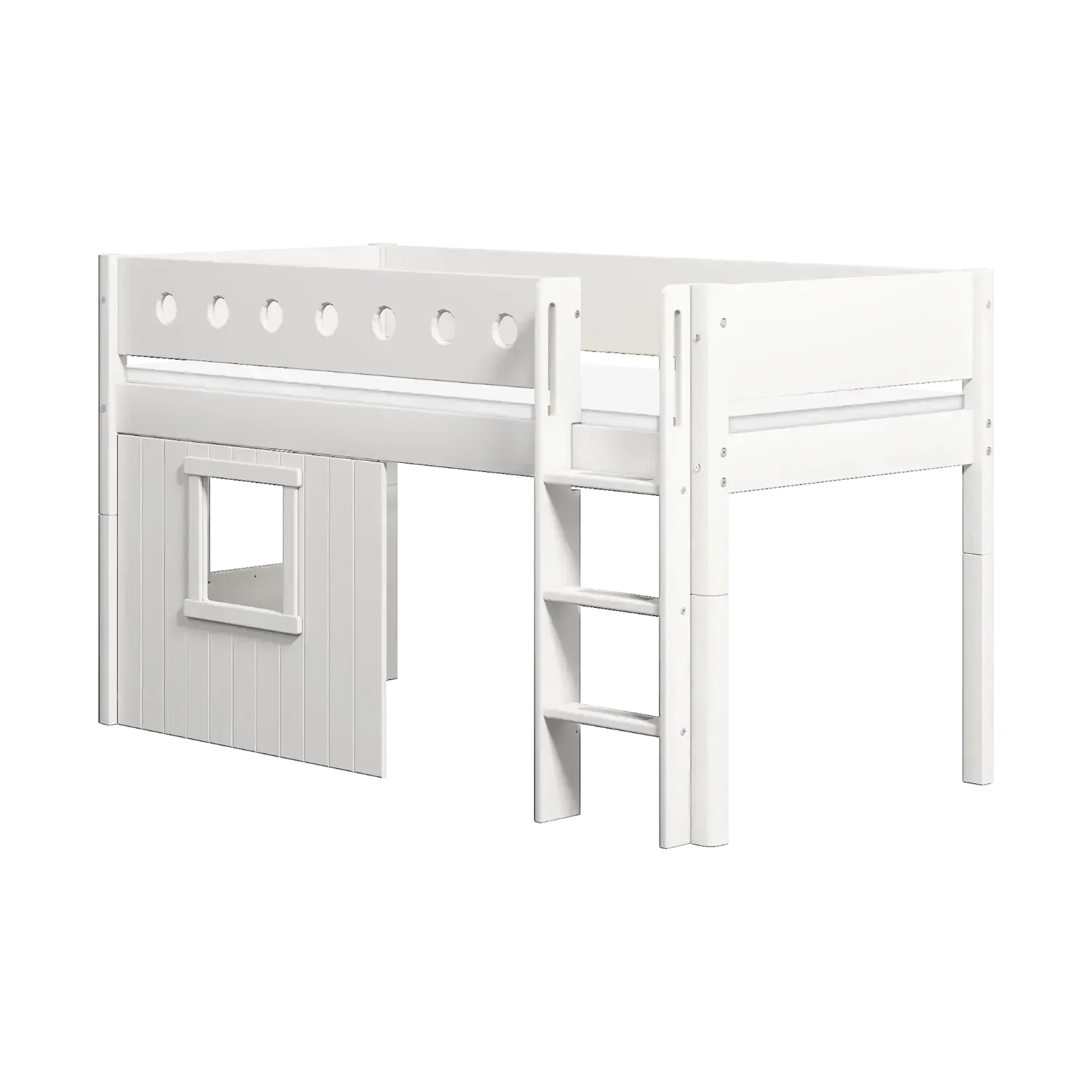 High Bed 120 cm with Treehouse, Straight Ladder and Safety Rail, 90x200 cm, WHITE, White Frame