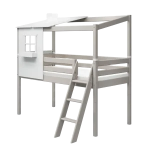 Mid-High Bed with 1/2 Classic House, 90x200 cm, White/Grey