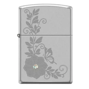 Zippo Lighter - Flower w/ Swarovski Crystal Satin Chrome